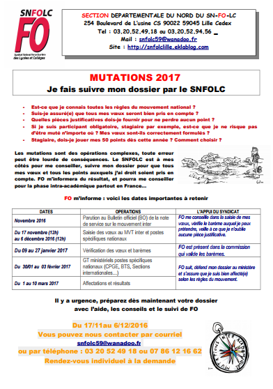 Mutations 2017 Calendrier Informations Importantes Et Fiche De Renseignements Snfolc Lille