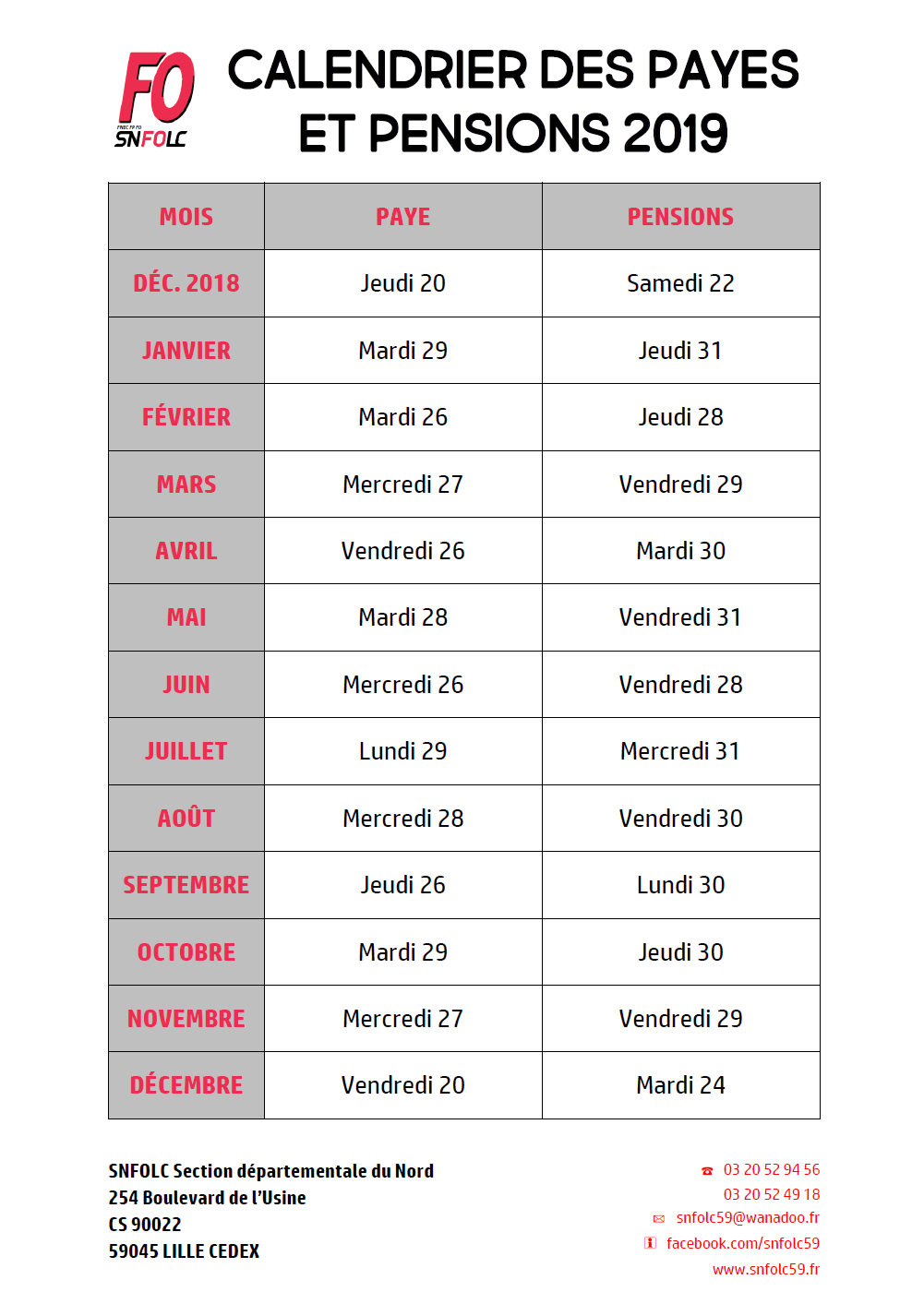 Calendrier des payes et pensions 2019 – SNFOLC Lille